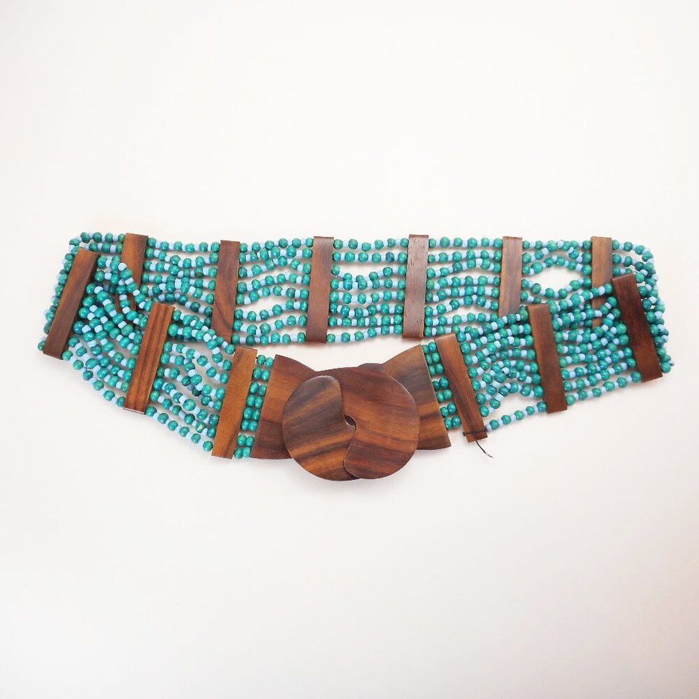 Boho Beaded Stretch Waist Belt Wood Clasp Buckle Teal Beads Festival Statement